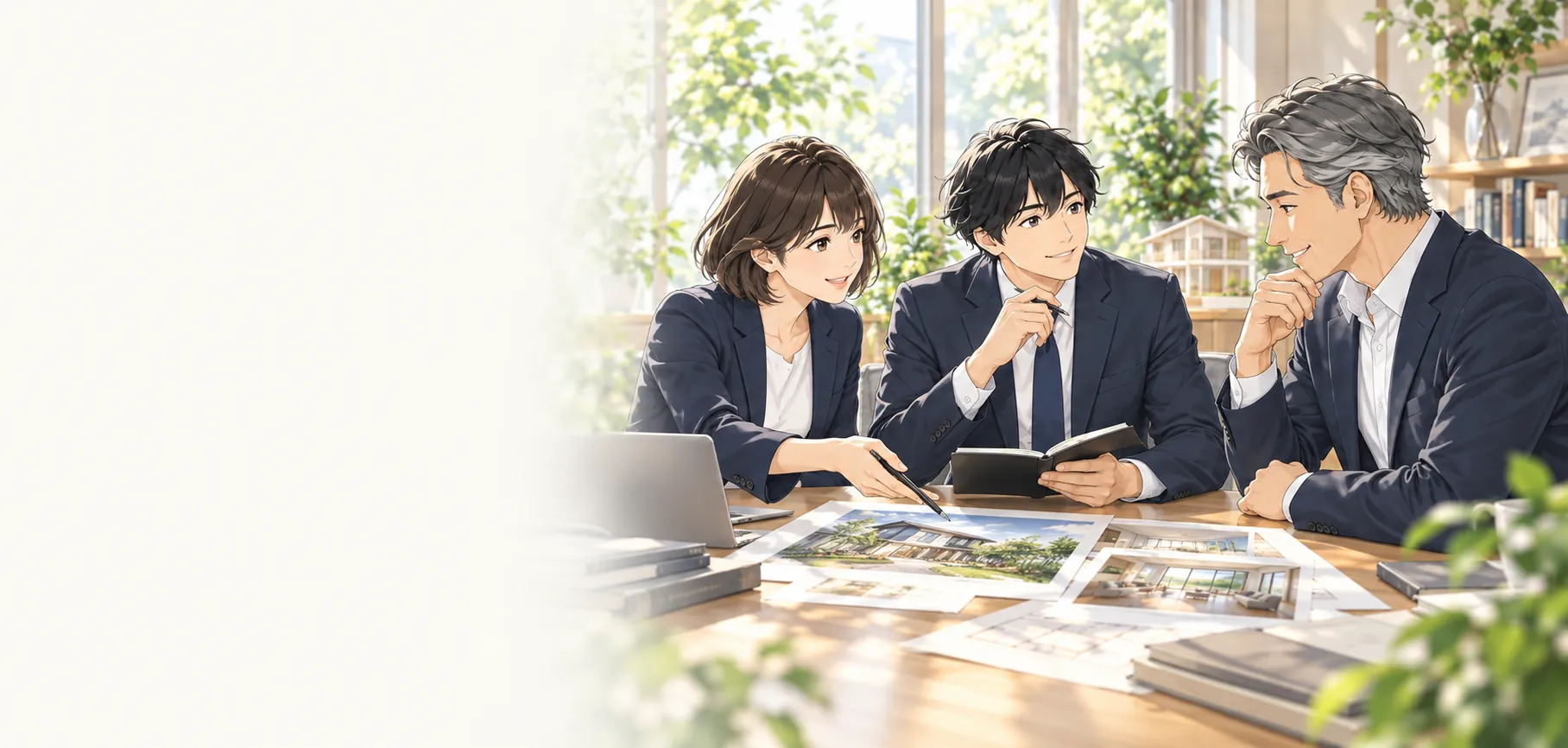 明るい相談室で、オッティモのスタッフ3人が売却の計画を整理しているイラスト