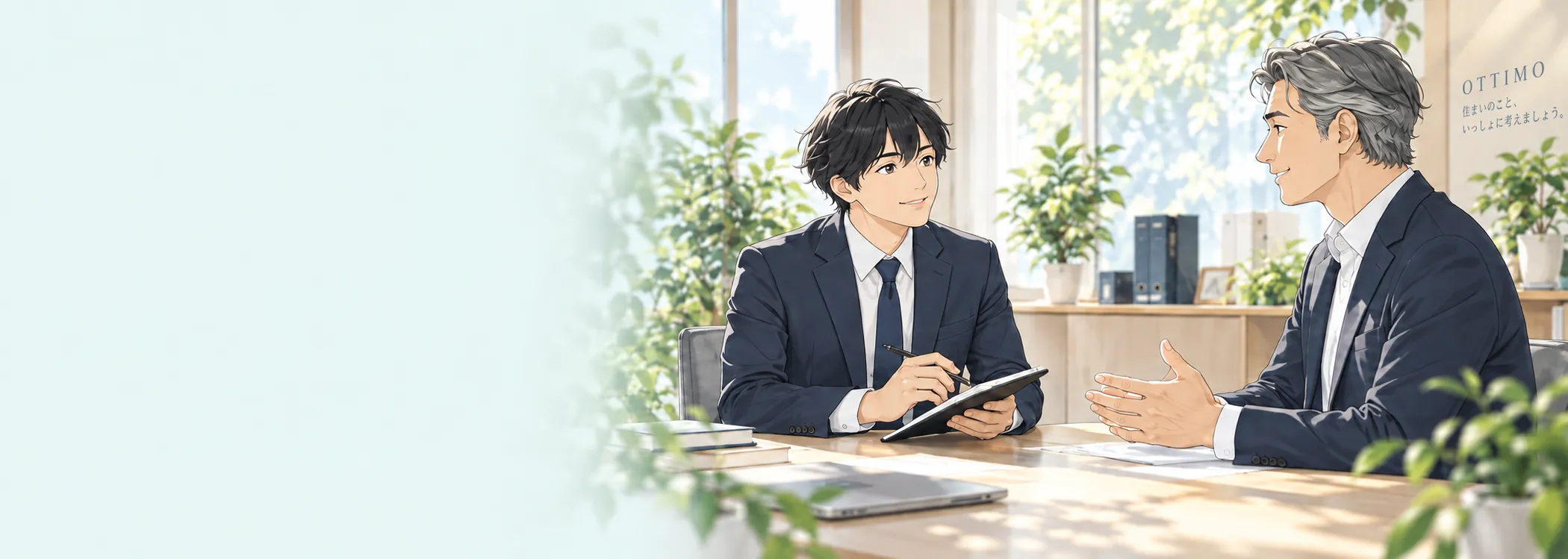 壁の右奥に「OTTIMO 住まいのこと、いっしょに考えましょう。」と書かれた相談室で、オッティモのスタッフが相談に乗っているイラスト