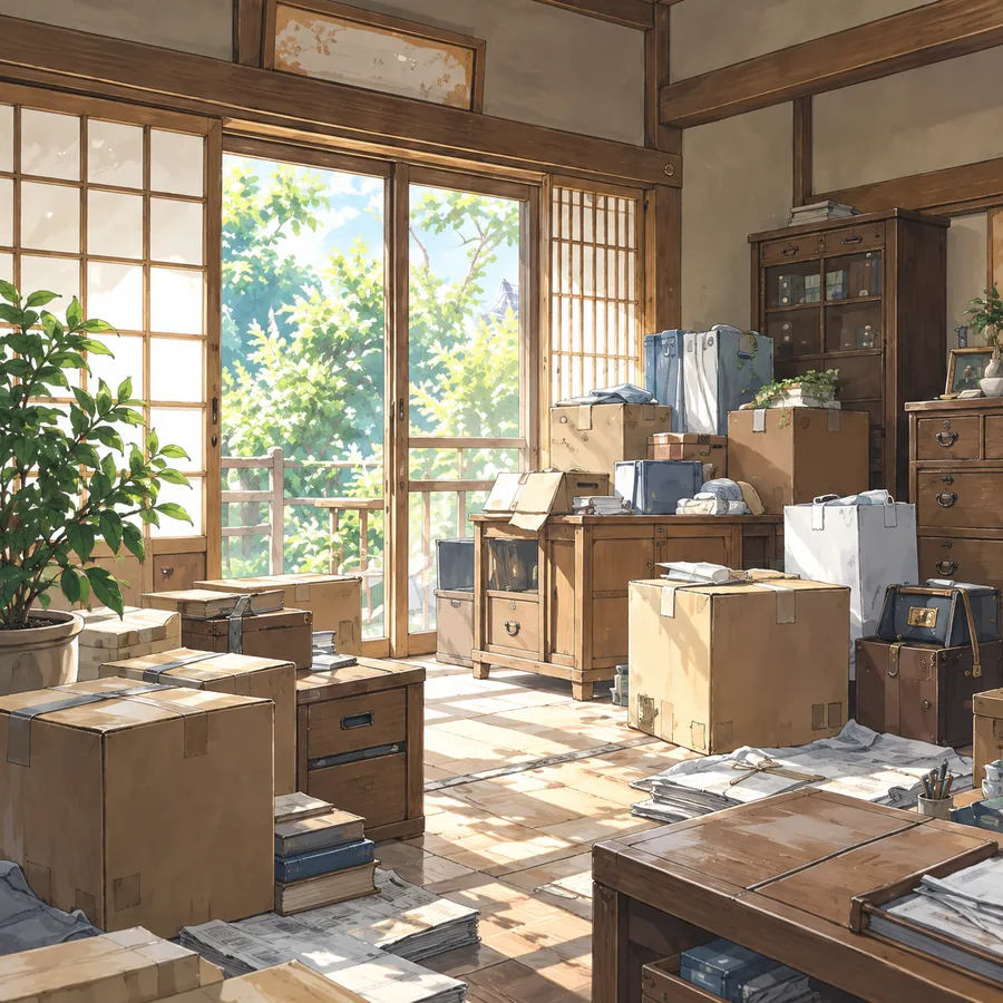 家具や荷物の残る家のイラスト