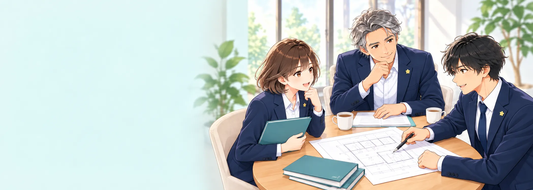 窓と緑のある相談室で、オッティモのスタッフ3人が図面を囲んで相談するイラスト